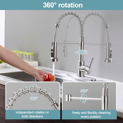 Kitchen Faucets with Pull Down Sprayer, Brushed Nickel Stainless Steel Single Handle Pull Out Spring Sink Faucet, 3 Function Sprayer 1 or 3 Hole Deck Plate for Farmhouse Laundry Rv Bar - color: Brushed Nickel, style: Classic