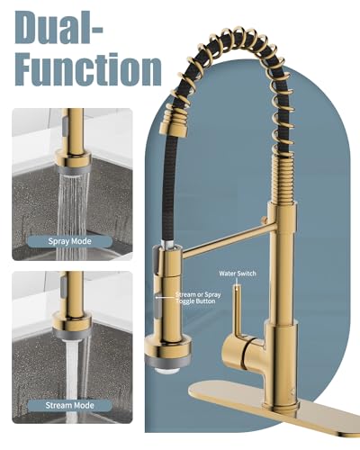 LED Kitchen Faucet, Brushed Gold Kitchen Faucet with Soap Dispenser and Deck Plate, Faucet for Camper Farmhouse RV Kitchen Sink, Single Handle Kitchen Sink Faucets with Pull Down Sprayer - color: C-Brushed Gold, style: Rustic