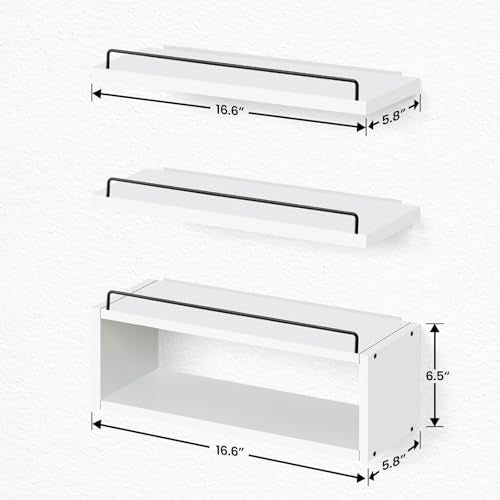 LANDNEOO Floating Shelves for Wall with Cube Shelf, Set of 3 Wood Bathroom Shelves Over Toilet for Storage, Wall Mounted Organizer with Metal Rail for Restroom Decor and Toilet Paper, White