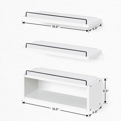 LANDNEOO Floating Shelves for Wall with Cube Shelf, Set of 3 Wood Bathroom Shelves Over Toilet for Storage, Wall Mounted Organizer with Metal Rail for Restroom Decor and Toilet Paper, White
