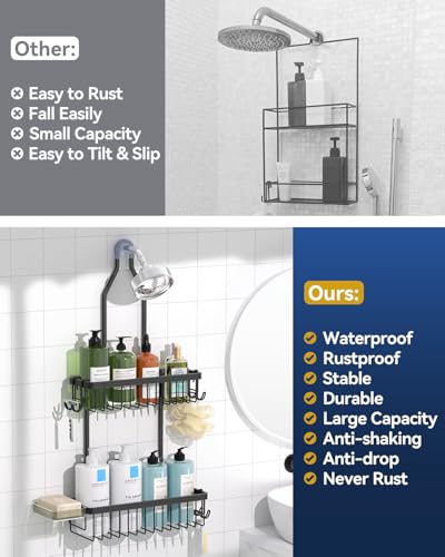 Never Rust Shower Caddy Hanging, Aluminum Shower Racks for Inside Shower, 2-Tier Shower Organizer Hanging Over Shower Head with Hooks and Soap Holder, Black - color: Black