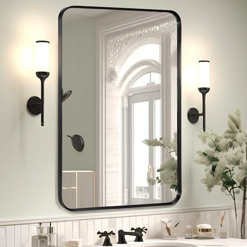 Wall Mount Mirror for Bathroom, Brush Black Metal Framed Rounded Corner Rectangular Vanity Mirror (20" x 30", Black) - color: Black, size: 30"L x 20"W, style: Rectangle