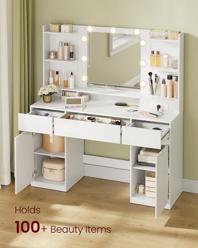 VASAGLE KAILYN Collection - Vanity Desk with Mirror and 9 LED Bulbs, Modern Vanity Makeup Table with Power Outlets, Dressing Table with 2 Cabinets, for Bedroom, Cloud White URDT142WB01S - style: 43.3"W 3 Drawers 2 Cabinets Vanity Desk - Cloud White
