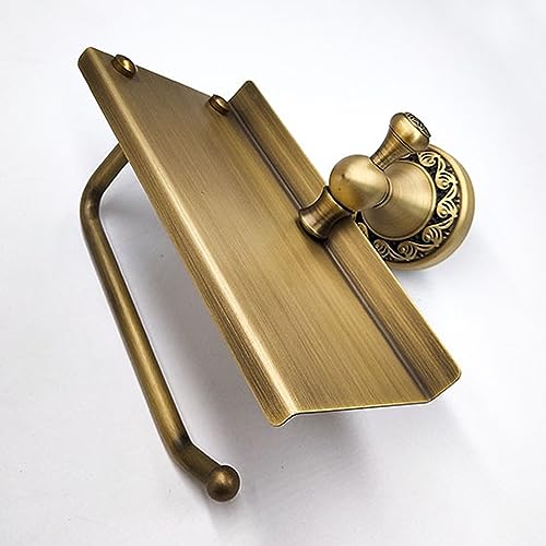 Toilet Paper Holder with Phone Shelf, Bathroom Toilet Paper Roll Holder Antique Bronze Brass Wall Mounted Bathroom Hardware Accessories,Pattern Carving Design