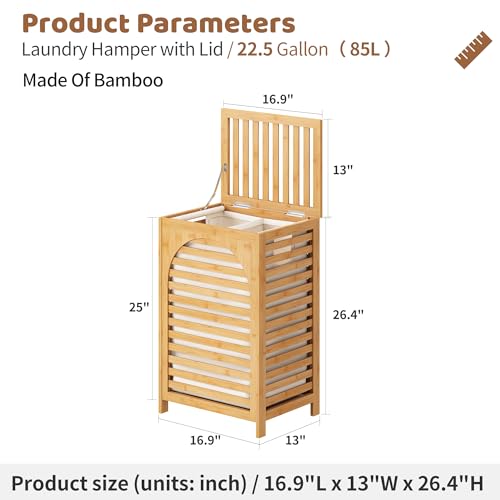 Laundry Hamper with Lid (16.9 * 13 * 26.5inches) Large Bamboo Laundry Bin Basket 85L Clothes Hamper with 1 Removable Bag Storage baskets for Bathroom(Natural) - color: Natural