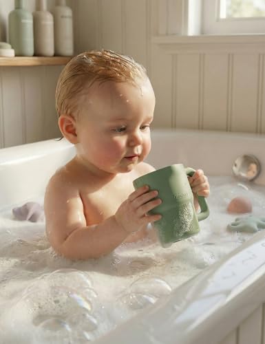Roslim Silicone Baby Bath Rinse Cup - Shampoo & Body Washing Rinser for Kids & Toddlers, Lightweight Bath Cups for Rinsing Hair, Easy-Grip Handle, Ultra Soft Material (Olive Green) - color: Olive Green