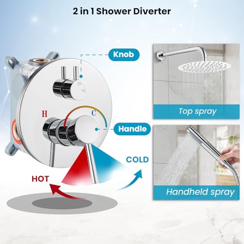 gotonovo Shower Faucet Set with Rough-in Valve Trim Kit,Polish Chrome | 10 Inch Round Rain Showerhead with Handheld Spray,Bathroom Wall Mount Shower System Complete Combo,2-in-1 Diverter,All Metal - color: Chrome