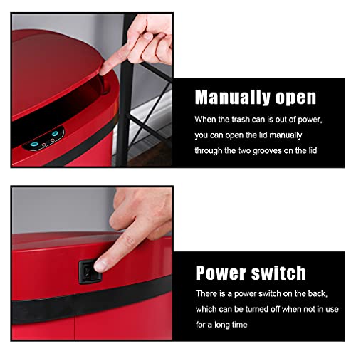 13 Gallon 50 Liter Garbage Can Kitchen Trash Can with Lid Automatic Sensor Touch Free Stainless Steel Waste Bin for Bathroom Bedroom Home Office,Red - color: Red, style: Stainless Steel