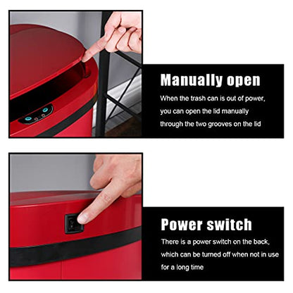 13 Gallon 50 Liter Garbage Can Kitchen Trash Can with Lid Automatic Sensor Touch Free Stainless Steel Waste Bin for Bathroom Bedroom Home Office,Red - color: Red, style: Stainless Steel