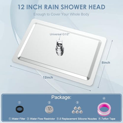 12x8 Inch Rectangle Rain Shower Head Chrome, All Metal Stainless Steel 304, Full Body Rainfall Shower with 112 Silicone Nozzles, Ceiling Rain Showerheads - color: A-Chrome Polished, size: 12 x 8 Inch Rectangle