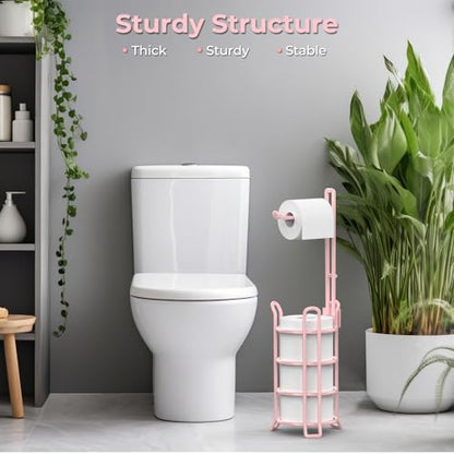 TomCare Toilet Paper Holder Stand Free Standing, Holds 4 Mega Rolls, Pink | Tool-Free Assembly, Detachable Metal Wire Frame, Powder-Coated Finish, Easy Storage and Flexible Bathroom Placement - color: Pink, size: Standard