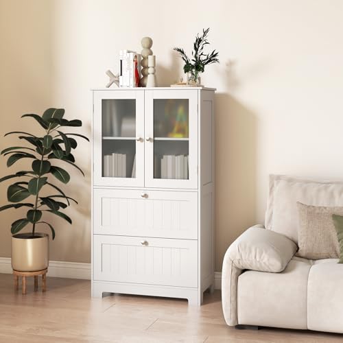Tangkula Bathroom Floor Storage Cabinet, Freestanding Cupboard Pantry with 2 Drawers and 2 Frosted Glass Doors, Adjustable Shelf, for Kitchen, Living Room, Dining Room, 23.5" x 12" x 42.5" (White)