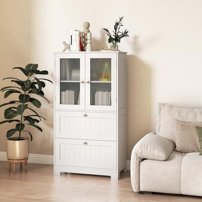 Tangkula Bathroom Floor Storage Cabinet, Freestanding Cupboard Pantry with 2 Drawers and 2 Frosted Glass Doors, Adjustable Shelf, for Kitchen, Living Room, Dining Room, 23.5" x 12" x 42.5" (White)