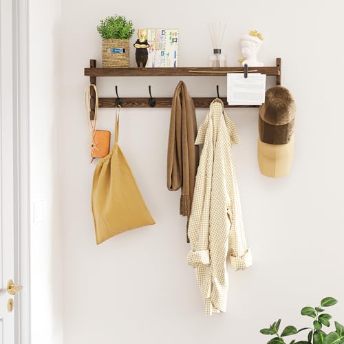 AMBIRD Wall Hooks with Shelf 28.9inch Entryway Wall Hanging Shelf, Wood Coat Hooks, Coat Rack Wall Mount Rack with 5 Dual Hooks, Glasses Organizer and Hat Organizer - style: 5 Hooks