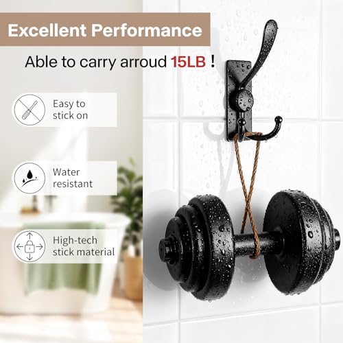 Self Adhesive Towel Hooks, Matte Black Metal Hooks,Waterproof Stainless Steel Hanger Coat Hooks for Hanging Coat,Towels, Bath Robe in Bathroom Kitchen Home - size: 2 Pack-Rectangular Three-Hook