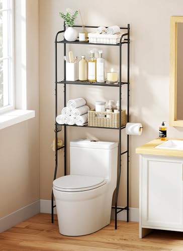3-Tier Over The Toilet Storage, Bathroom Organizer, Space-Saving, Above Toilet Storage Rack with 4 Hooks and Paper Holder, Metal Shelf, Black - size: 3 Tier-Black