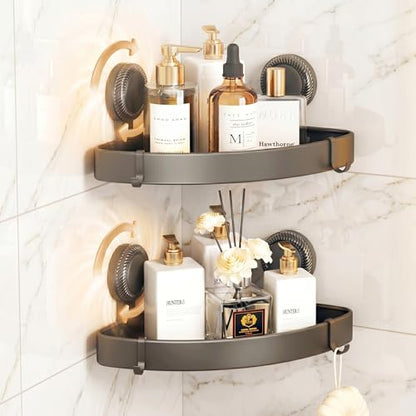 2 Pack Corner Shower Caddy, No Drill Aluminum Suction Cup Shelves | Rustproof triangle shelves use suction cups for no-drill, damage-free storage of shampoo and shower essentials