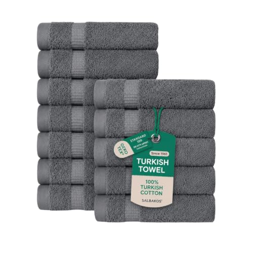 SALBAKOS 12-Piece 100% Turkish Cotton Washcloths and Face Towels, Gray | 13x13 in Standard Size Small Towel, Multi-use Bathroom & Kitchen, Thick Super Soft Absorbent Durable, Oeko-Tex Made in Turkey - color: Gray, size: 12 Washcloths