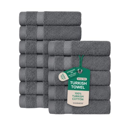 SALBAKOS 12-Piece 100% Turkish Cotton Washcloths and Face Towels, Gray | 13x13 in Standard Size Small Towel, Multi-use Bathroom & Kitchen, Thick Super Soft Absorbent Durable, Oeko-Tex Made in Turkey - color: Gray, size: 12 Washcloths