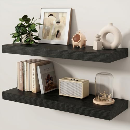 Floating Shelves for Wall, 32 Inch x 8 Inch Deep Wall Mounted Wood Shelf with Invisible Brackets for Storage & Display, Living Room Bedroom Kitchen, Black, Set of 2 - color: Black, size: 32 Inch, Set of 2