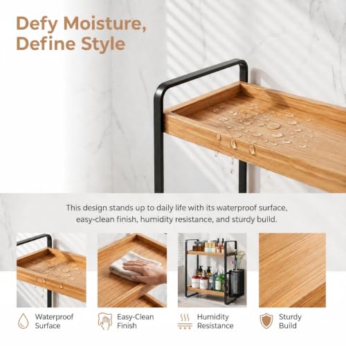 2-Tier Wood Bathroom Counter Organizer with Basket,Waterproof Vanity Perfume Skincare Storage for Bathroom, Kitchen, Dresser - color: Light Brown