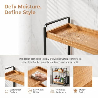 2-Tier Wood Bathroom Counter Organizer with Basket,Waterproof Vanity Perfume Skincare Storage for Bathroom, Kitchen, Dresser - color: Light Brown