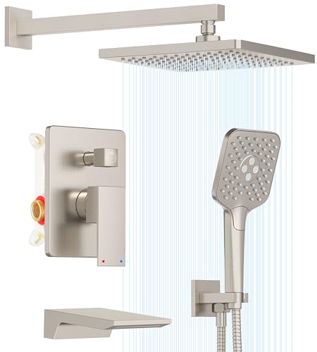 Gabrylly Shower System with Tub Spout, Wall Mounted Tub Shower Faucet Set for Bathroom with High Pressure 10" Rain Shower head and 3-Setting Handheld Shower Head Set,Brushed Nickel - color: brushed nickel 01
