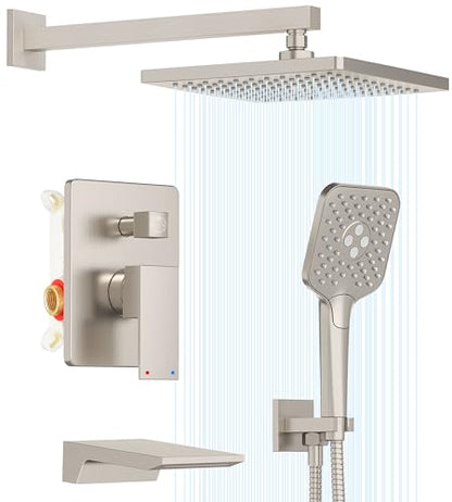 Gabrylly Shower System with Tub Spout, Wall Mounted Tub Shower Faucet Set for Bathroom with High Pressure 10" Rain Shower head and 3-Setting Handheld Shower Head Set,Brushed Nickel - color: brushed nickel 01