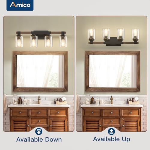 Amico 4-Light Farmhouse Bathroom Vanity Light, Seeded Glass, Black & Wood | Bubble Glass Shade Wall Sconce, Over Mirror Lighting for Bathroom, Bedroom, Living Room, Hallway, Powder Room, Entryway - size: 4-Light