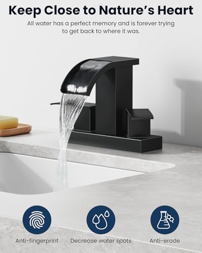 gotonovo Waterfall 4’’ Centerset Bathroom Sink Faucet Matte Black | 2 Handle Bathroom Faucet,SUS304,2 or 3 Hole,2.17’’ Wide Spout,24’’ cUPC Water Line,Pop Up Drain,Vanity,RV,Lavatory Modern Tap - color: Black