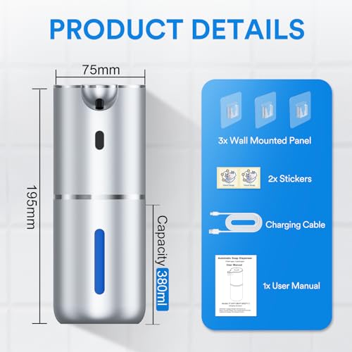 Automatic Foaming Soap Dispenser Touchless, Rechargeable Electric Hand ＆ Dish Soap Dispenser for Bathroom and Kitchen - Smart Digital Display, 6 Adjustable Level, 380ml, Wall Mounted, IPX5 - color: Silver, style: Foam