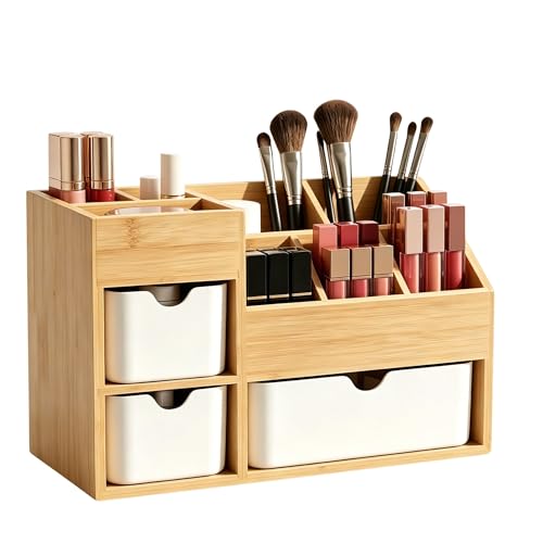 Bamboo Makeup Organizer with 3 Drawers & Adjustable Dividers, Desk Cosmetic Storage Box, Vanity Countertop Organizer for Bathroom, Office, Bedroom, Natural Bamboo Color (11.5x5.4in)