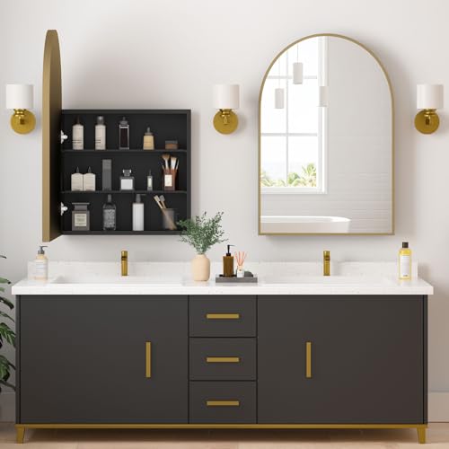 Medicine Cabinets for Bathroom, Gold Arched Medicine Cabinet Recessed or Surface Wall-Mounted,Modern Bathroom Vanity Mirror with Storage, Mirrored Cabinet with Adjustable Shelves,20x30 Inch