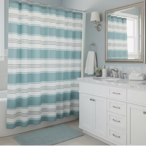 Serafina Home Nautical Striped Fabric Shower Curtain, Coastal Wide Stripe Design, Aqua Grey White, 70" x 72", with Hooks - color: Hampton Blue