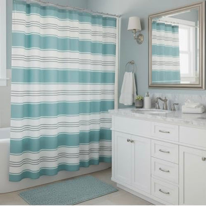Serafina Home Nautical Striped Fabric Shower Curtain, Coastal Wide Stripe Design, Aqua Grey White, 70" x 72", with Hooks - color: Hampton Blue