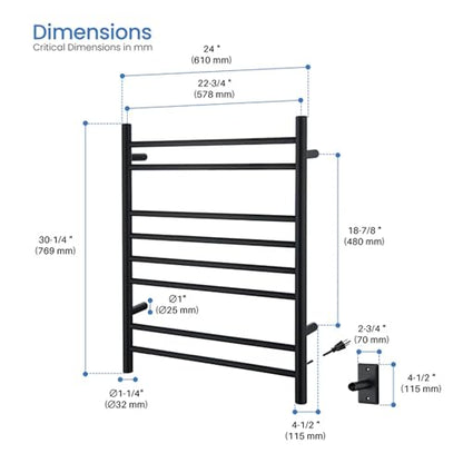 Kibi 24 Inch Wall-Mounted Electric Towel Warmer Rack– 8-Bar 304 Stainless Steel, ETL-Certified, Hardwired or Plug-in, Fast-Heat Up to 122 Degrees F – Heated Towel Rack for Bathroom (Matte Black) - color: Matte Black