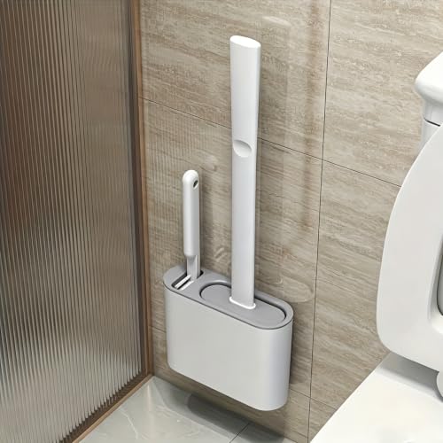 Toilet Brush Set,Bathroom Accessories,Japanese Style No Dead Angle Wall Mounted Holder Compact Bathroom Cleaning Kit for Home, Grey - color: Gray