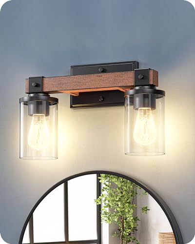 EDISHINE 2-Light Painted Wood Wall Sconces, Farmhouse Vanity Light Fixture | Clear Glass Shade, Up & Down Mounting Optional, E26 Base, Rustic Charm, Waterproof for Bedroom, Powder Room - size: 2-Light with Clear Glass Shade