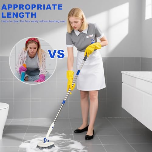 Tile Tub Scrubber Brush with 52-inch Adjustable Long Handle 3-in-1 Rotatable Shower Brush for Cleaning，3 Different Replacement Brush Heads for Cleaning Tub Tile Bathroom Kitchen Walls ，Blue
