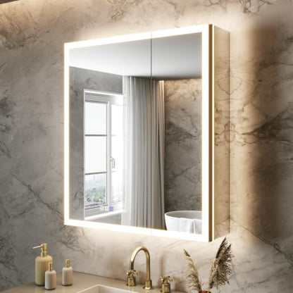 28x32 Lighted Medicine Cabinet, Separate Front & Back Lights | Surface/Recessed LED Medicine Cabinet for Bathroom with Side Mirrors, Dimmable Light, Anti-Fog, Memory,Silver Aluminum Frame - size: 28" x 32"