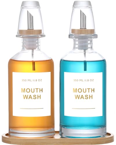 11.8OZ Glass Mouthwash Dispenser, Set of 2, Clear | Stainless Steel & Bamboo Nozzle, Reusable Mouthwash Cup, Bamboo Tray, Elegant Gold Sticker - color: Clear/350*2