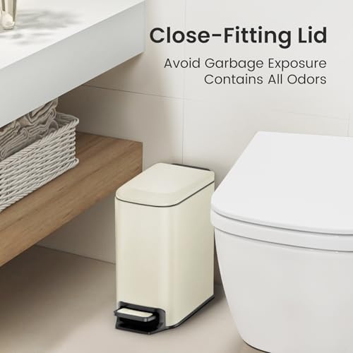 Cesun Small Bathroom Trash Can with Lid, 1.6 Gal, Soft Close, Creamy White | Step pedal soft close, Slim 5.9in fits narrow spaces, Stainless steel, Anti-fingerprint, Removable inner bucket, Odor seal - color: Creamy White