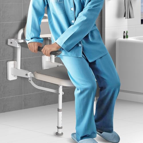 NEWTRY 18” Folding Shower Seat Wall Mounted 330lb Adjustable Height | Fold Down Shower Seat with Armrests & Back for Home Care Seniors Disabled, Padded Seat and Back, for Bathroom Inside Shower
