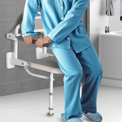 NEWTRY 18” Folding Shower Seat Wall Mounted 330lb Adjustable Height | Fold Down Shower Seat with Armrests & Back for Home Care Seniors Disabled, Padded Seat and Back, for Bathroom Inside Shower