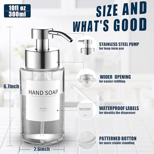 Glass Foaming Hand Soap Dispenser 10 oz with Rust Proof Pump | Easy Refill, Stainless Steel Pump and Waterproof Labels, Premium Glass Foam Dispenser, for bathroom Countertop - color: Brushed Nickel Foam 1pc