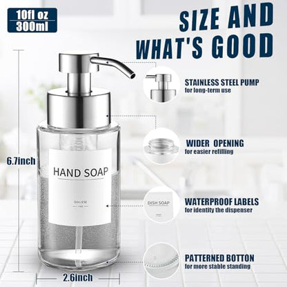 Glass Foaming Hand Soap Dispenser 10 oz with Rust Proof Pump | Easy Refill, Stainless Steel Pump and Waterproof Labels, Premium Glass Foam Dispenser, for bathroom Countertop - color: Brushed Nickel Foam 1pc