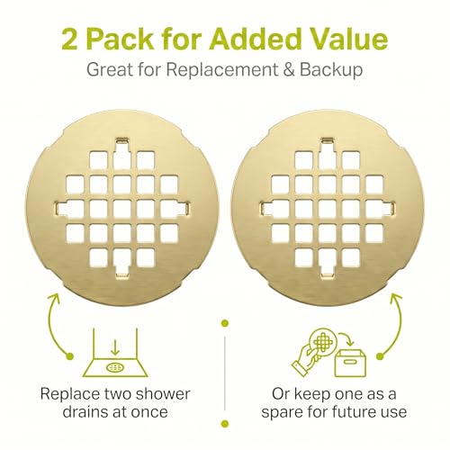 Shower Drain Cover Snap-in Hair Catcher - Brushed Gold 2 Pack | Stainless steel, 4-1/4" OD round, Fits 2-7/8" spacing, Easy install no tools, Warm gold, modern bathroom drain strainer grid. - color: Brushed Gold