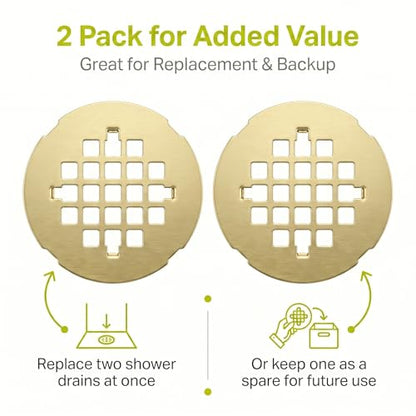 Shower Drain Cover Snap-in Hair Catcher - Brushed Gold 2 Pack | Stainless steel, 4-1/4" OD round, Fits 2-7/8" spacing, Easy install no tools, Warm gold, modern bathroom drain strainer grid. - color: Brushed Gold