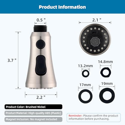 Hibbent Pull Down Kitchen Faucet Head Replacement, 3-Function NSF/ANSI/CAN 61 & CUPC Certified Sink Spray Nozzle, 15 Adapters, Compatible with Moen, Delta, Kohler Faucets, Brushed Nickel - color: Brushed Nickel, style: Stay on sprayer without hold button