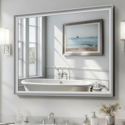 USHOWER Brushed Nickel Bathroom Mirrors for Over Sink 30x40 Inch, Aluminum Framed Rectangle Vanity Mirror for Wall, Bedroom, Living Room, Entryway, Anti-Rust, HD Tempered Glass, Horizontal/Vertical - color: Brushed Nickel, size: 40"L x 30"W